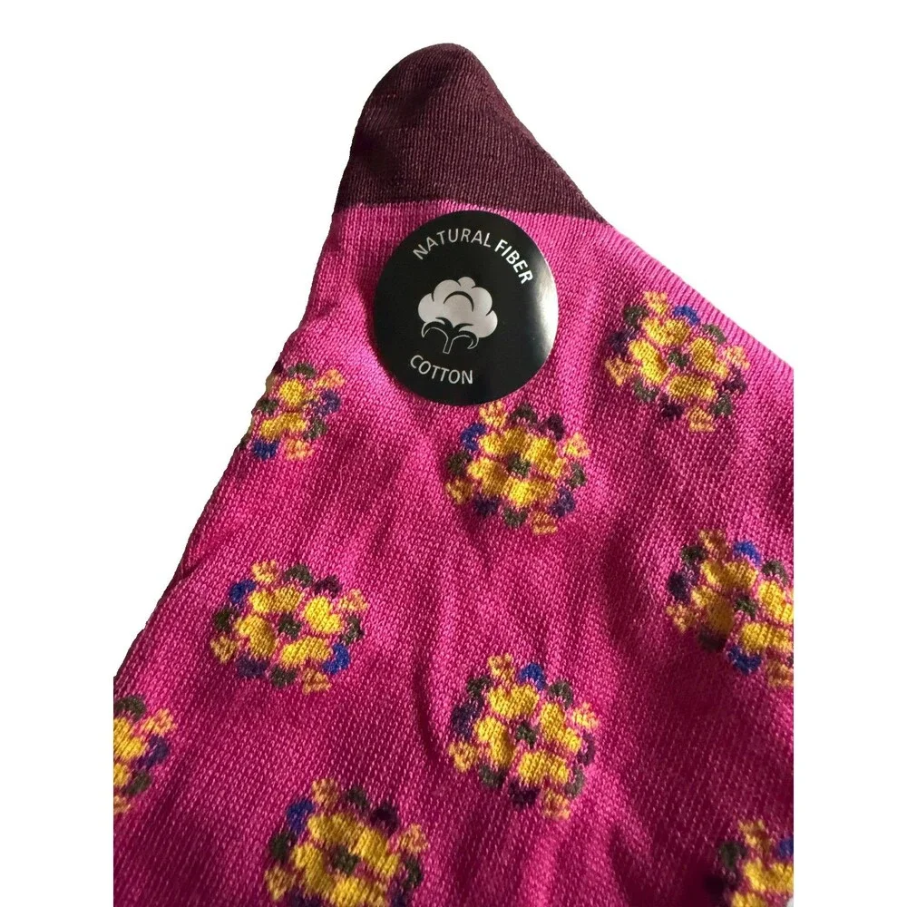 Vannucci Designer Floral Print Mens Dress Socks Pink Yellow Cotton Sz 10-13